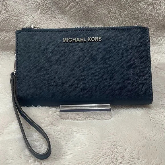 Michael Kors Jet Set Travel Large Double Zip Phone Wallet Wristlet Navy Leather - Picture 1 of 16
